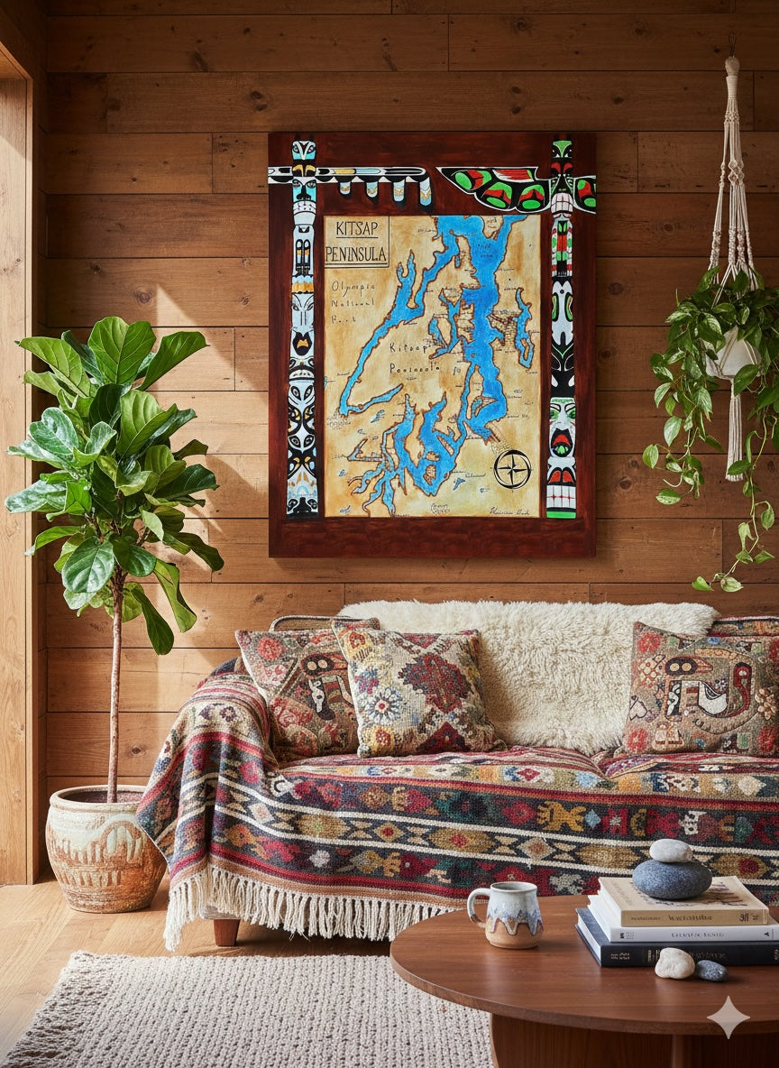 Kitsap Peninsula Cartographic Study – Puget Sound & Indigenous Territories | Hand-Painted Pacific Northwest Map