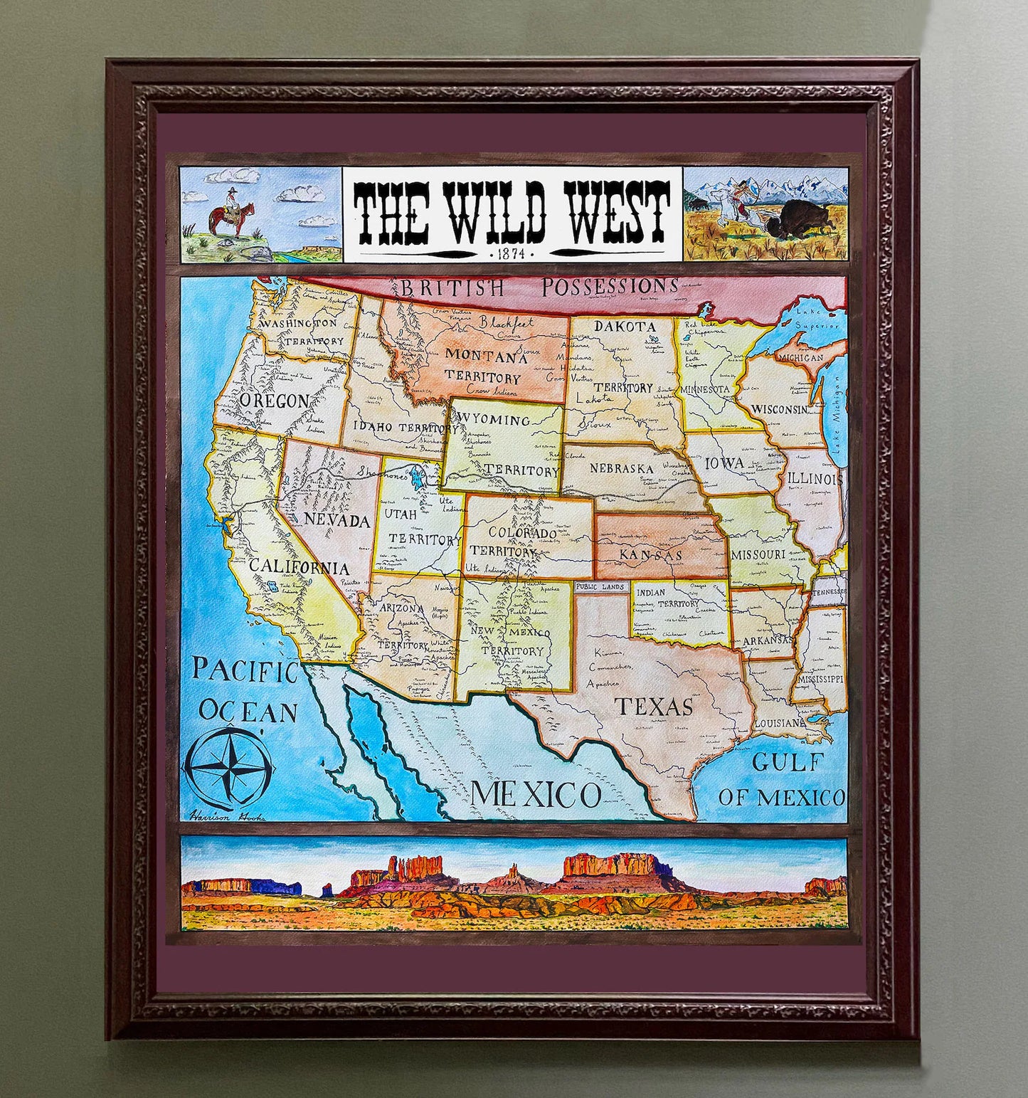 Wild West Map; Historical Western States; American Frontier 1874