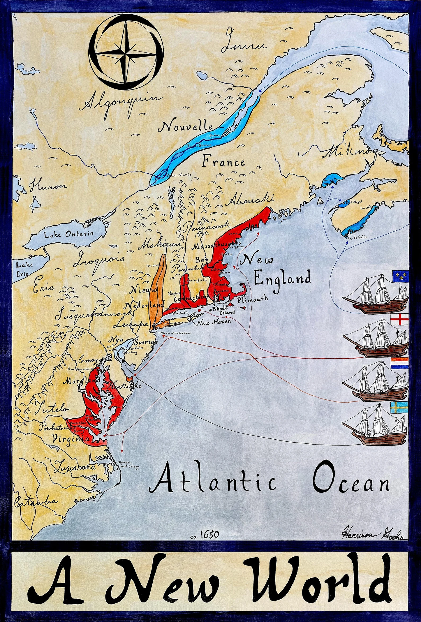 A New World Map; Early Colonization Map of North America 1650