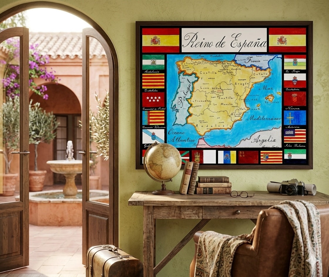 Kingdom of Spain Map – Reino de España | Hand-Painted Map with Regional Flags