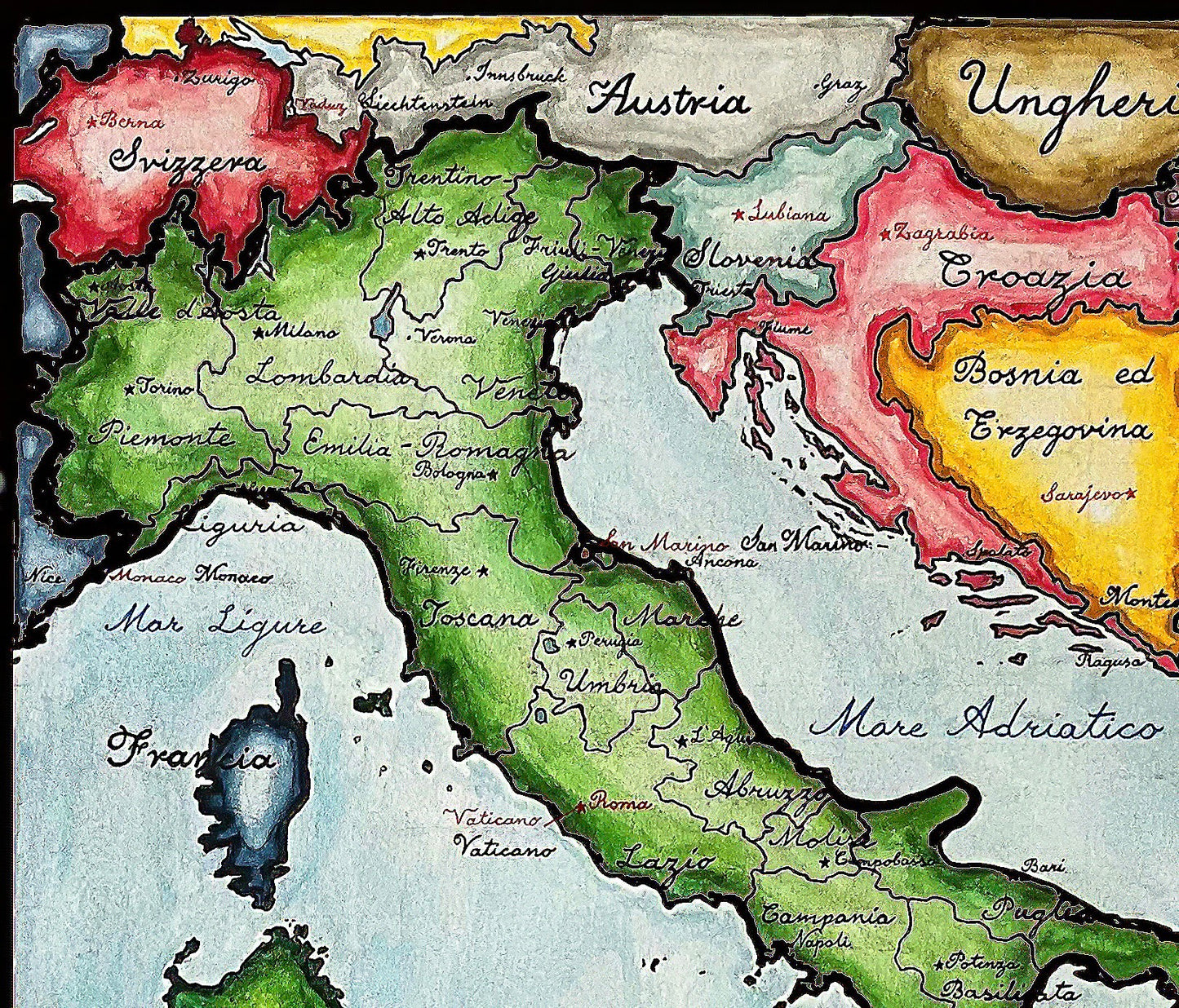 Italia; Handpainted map of contemporary Italy; Italy Map