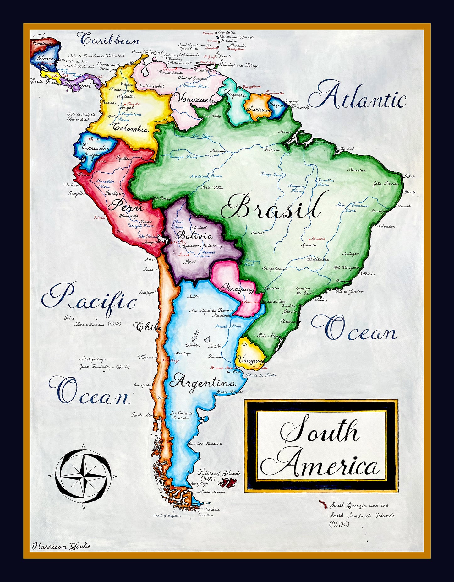 Endonym Map of South America; Watercolor of South America