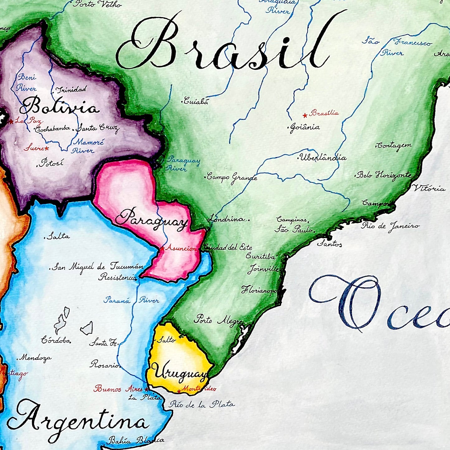 Endonym Map of South America; Watercolor of South America