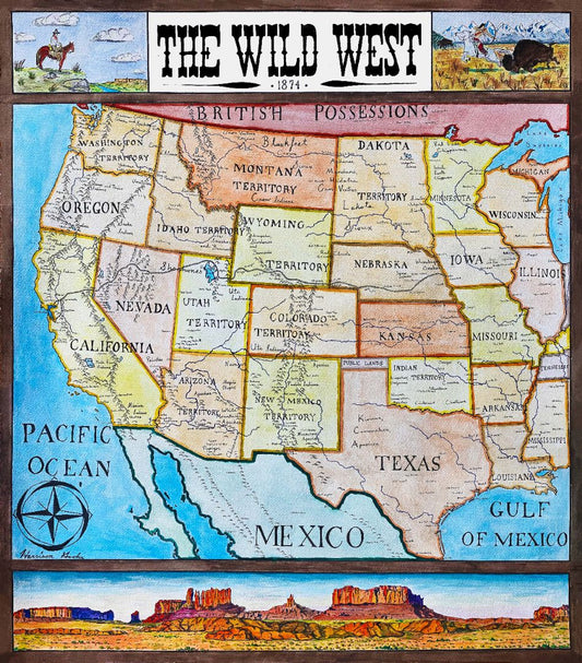 Wild West Map; Historical Western States; American Frontier 1874