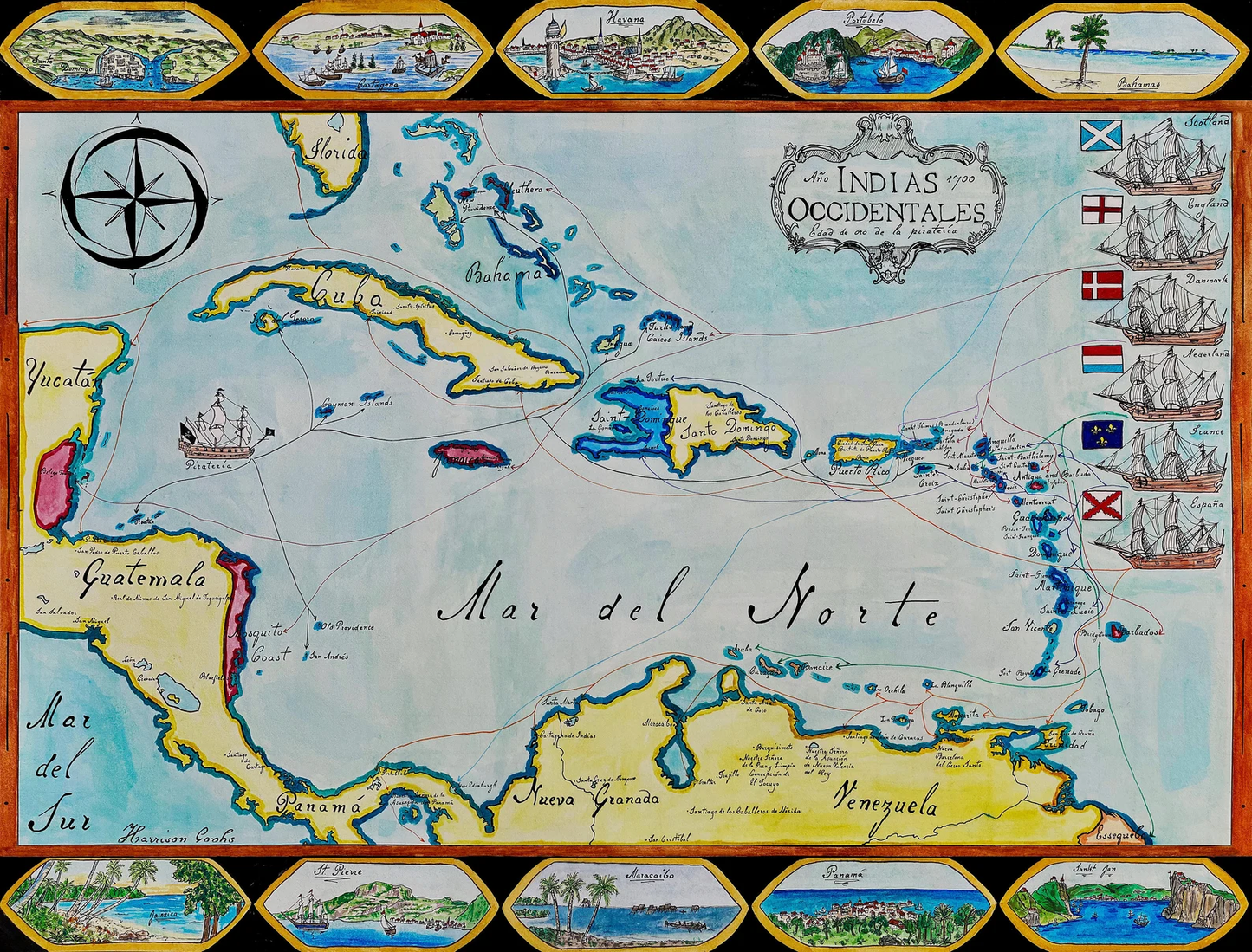 Caribbean Map 1700; Golden Age of Piracy